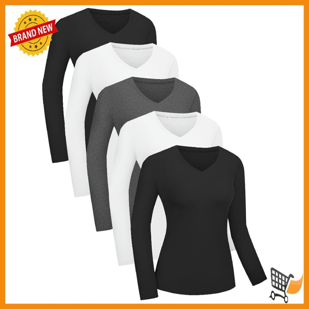 5 Pack Long Sleeve V Neck Slim Fit Stretchy Tops for Layering & Work